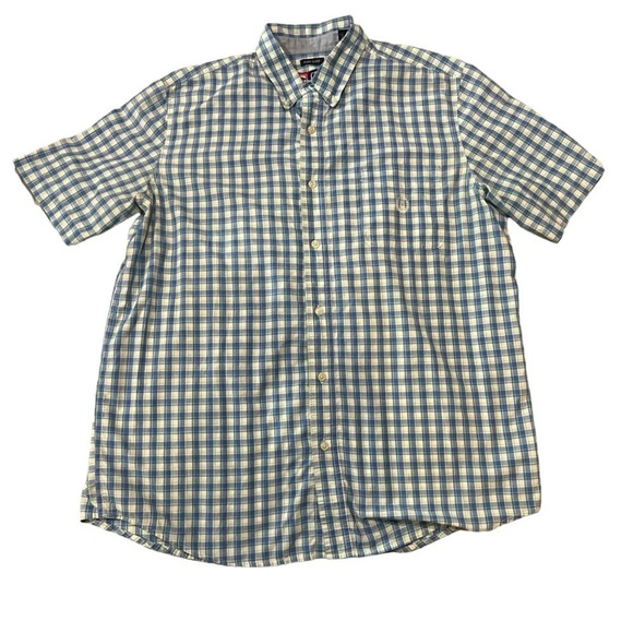 Chaps Easy Care Men's Blue & Green Checkered Short Sleeve Button Down Size Large - Picture 1 of 3